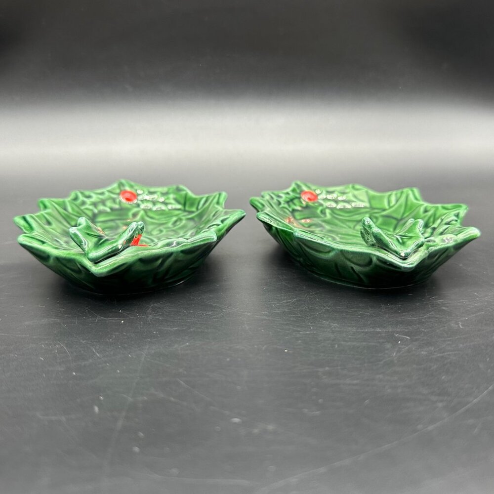 Vintage Trinket Dishes Ashtrays Lefton Holly Berry 1970s Christmas Decor Green - Picture 3 of 9